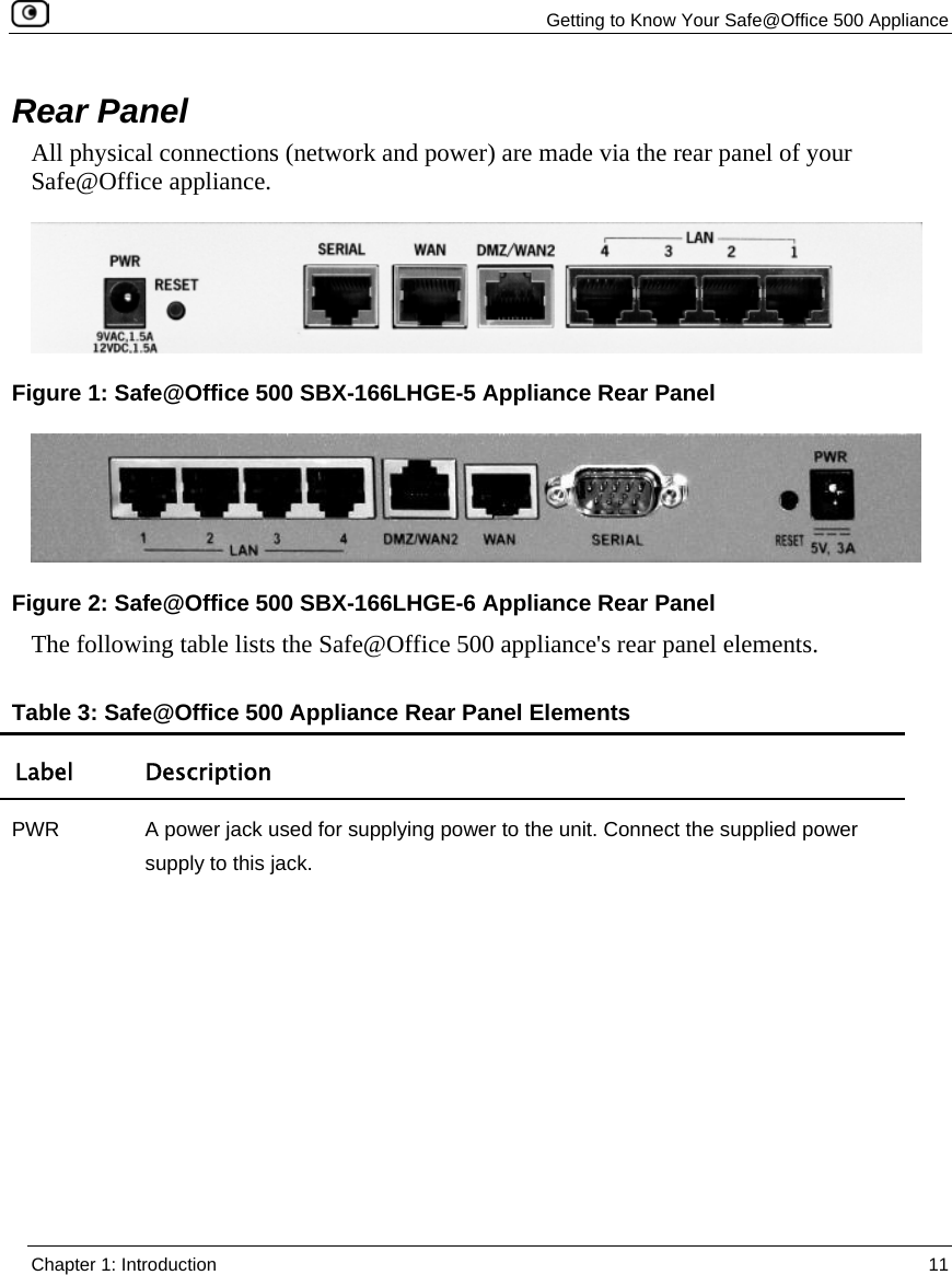 Getting to Know Your Safe@Office 500 Appliance Chapter 1: Introduction 11 Rear Panel All physical connections (network and power) are made via the rear panel of your Safe@Office appliance. The following table lists the Safe@Office 500 appliance's rear panel elements. Table 3: Safe@Office 500 Appliance Rear Panel Elements Label Description PWR A power jack used for supplying power to the unit. Connect the supplied power supply to this jack. Figure 1: Safe@Office 500 SBX-166LHGE-5 Appliance Rear PanelFigure 2: Safe@Office 500 SBX-166LHGE-6 Appliance Rear Panel