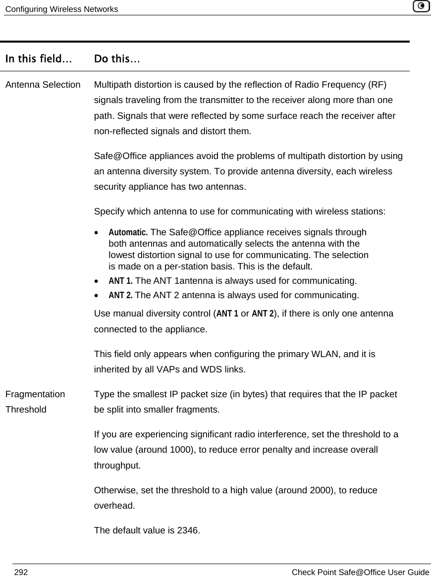 Configuring Wireless Networks 292 Check Point Safe@Office User Guide In this field… Do this… Antenna Selection Multipath distortion is caused by the reflection of Radio Frequency (RF) signals traveling from the transmitter to the receiver along more than one path. Signals that were reflected by some surface reach the receiver after non-reflected signals and distort them. Safe@Office appliances avoid the problems of multipath distortion by using an antenna diversity system. To provide antenna diversity, each wireless security appliance has two antennas. Specify which antenna to use for communicating with wireless stations: • Automatic. The Safe@Office appliance receives signals through both antennas and automatically selects the antenna with the lowest distortion signal to use for communicating. The selection is made on a per-station basis. This is the default. • ANT 1. The ANT 1antenna is always used for communicating. • ANT 2. The ANT 2 antenna is always used for communicating. Use manual diversity control (ANT 1 or ANT 2), if there is only one antenna connected to the appliance. This field only appears when configuring the primary WLAN, and it is inherited by all VAPs and WDS links. Fragmentation Threshold Type the smallest IP packet size (in bytes) that requires that the IP packet be split into smaller fragments. If you are experiencing significant radio interference, set the threshold to a low value (around 1000), to reduce error penalty and increase overall throughput. Otherwise, set the threshold to a high value (around 2000), to reduce overhead. The default value is 2346.