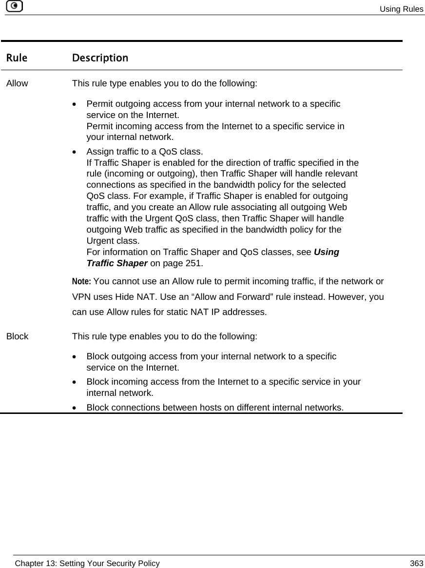 Using Rules Chapter 13: Setting Your Security Policy 363 Rule Description Allow This rule type enables you to do the following: • Permit outgoing access from your internal network to a specific service on the Internet. Permit incoming access from the Internet to a specific service in your internal network. • Assign traffic to a QoS class. If Traffic Shaper is enabled for the direction of traffic specified in the rule (incoming or outgoing), then Traffic Shaper will handle relevant connections as specified in the bandwidth policy for the selected QoS class. For example, if Traffic Shaper is enabled for outgoing traffic, and you create an Allow rule associating all outgoing Web traffic with the Urgent QoS class, then Traffic Shaper will handle outgoing Web traffic as specified in the bandwidth policy for the Urgent class. For information on Traffic Shaper and QoS classes, see Using Traffic Shaper on page 251. Note: You cannot use an Allow rule to permit incoming traffic, if the network or VPN uses Hide NAT. Use an “Allow and Forward” rule instead. However, you can use Allow rules for static NAT IP addresses. Block This rule type enables you to do the following: • Block outgoing access from your internal network to a specific service on the Internet. • Block incoming access from the Internet to a specific service in your internal network. • Block connections between hosts on different internal networks.