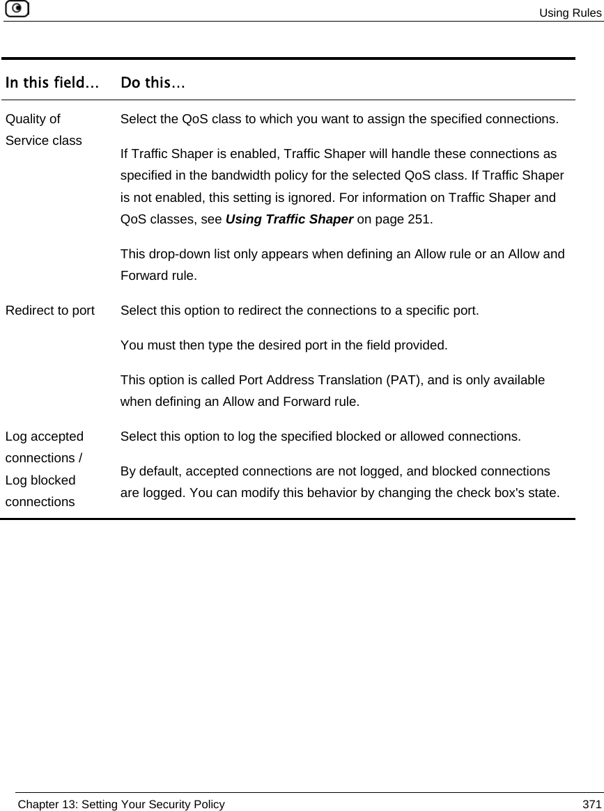 Using Rules Chapter 13: Setting Your Security Policy 371 In this field… Do this… Quality of Service class Select the QoS class to which you want to assign the specified connections. If Traffic Shaper is enabled, Traffic Shaper will handle these connections as specified in the bandwidth policy for the selected QoS class. If Traffic Shaper is not enabled, this setting is ignored. For information on Traffic Shaper and QoS classes, see Using Traffic Shaper on page 251. This drop-down list only appears when defining an Allow rule or an Allow and Forward rule. Redirect to port Select this option to redirect the connections to a specific port. You must then type the desired port in the field provided. This option is called Port Address Translation (PAT), and is only available when defining an Allow and Forward rule. Log accepted connections / Log blocked connections Select this option to log the specified blocked or allowed connections. By default, accepted connections are not logged, and blocked connections are logged. You can modify this behavior by changing the check box's state.