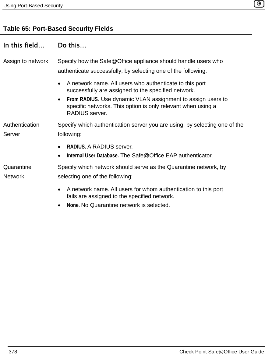 Using Port-Based Security 378 Check Point Safe@Office User Guide Table 65: Port-Based Security Fields In this field… Do this… Assign to network Specify how the Safe@Office appliance should handle users who authenticate successfully, by selecting one of the following: • A network name. All users who authenticate to this port successfully are assigned to the specified network. • From RADIUS. Use dynamic VLAN assignment to assign users to specific networks. This option is only relevant when using a RADIUS server. Authentication Server Specify which authentication server you are using, by selecting one of the following: • RADIUS. A RADIUS server. • Internal User Database. The Safe@Office EAP authenticator. Quarantine Network Specify which network should serve as the Quarantine network, by selecting one of the following: • A network name. All users for whom authentication to this port fails are assigned to the specified network. • None. No Quarantine network is selected.