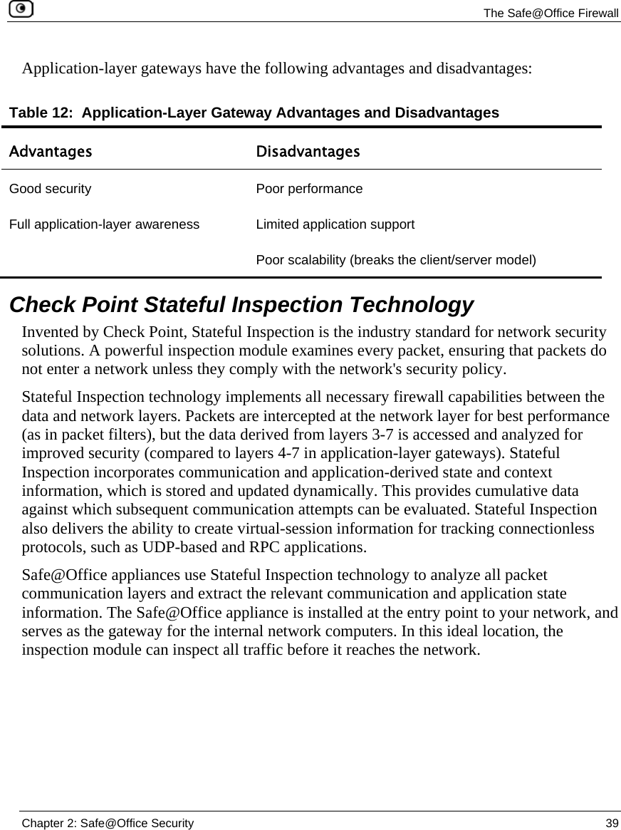 The Safe@Office Firewall Chapter 2: Safe@Office Security 39 Application-layer gateways have the following advantages and disadvantages: Table 12: Application-Layer Gateway Advantages and Disadvantages Advantages Disadvantages Good security Poor performance Full application-layer awareness Limited application support Poor scalability (breaks the client/server model) Check Point Stateful Inspection Technology Invented by Check Point, Stateful Inspection is the industry standard for network security solutions. A powerful inspection module examines every packet, ensuring that packets do not enter a network unless they comply with the network's security policy. Stateful Inspection technology implements all necessary firewall capabilities between the data and network layers. Packets are intercepted at the network layer for best performance (as in packet filters), but the data derived from layers 3-7 is accessed and analyzed for improved security (compared to layers 4-7 in application-layer gateways). Stateful Inspection incorporates communication and application-derived state and context information, which is stored and updated dynamically. This provides cumulative data against which subsequent communication attempts can be evaluated. Stateful Inspection also delivers the ability to create virtual-session information for tracking connectionless protocols, such as UDP-based and RPC applications. Safe@Office appliances use Stateful Inspection technology to analyze all packet communication layers and extract the relevant communication and application state information. The Safe@Office appliance is installed at the entry point to your network, and serves as the gateway for the internal network computers. In this ideal location, the inspection module can inspect all traffic before it reaches the network.