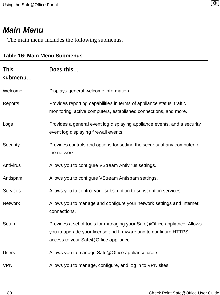 Using the Safe@Office Portal 80 Check Point Safe@Office User Guide Main Menu The main menu includes the following submenus. Table 16: Main Menu Submenus This submenu… Does this… Welcome Displays general welcome information. Reports Provides reporting capabilities in terms of appliance status, traffic monitoring, active computers, established connections, and more. Logs Provides a general event log displaying appliance events, and a security event log displaying firewall events. Security Provides controls and options for setting the security of any computer in the network. Antivirus Allows you to configure VStream Antivirus settings. Antispam Allows you to configure VStream Antispam settings. Services Allows you to control your subscription to subscription services. Network Allows you to manage and configure your network settings and Internet connections. Setup Provides a set of tools for managing your Safe@Office appliance. Allows you to upgrade your license and firmware and to configure HTTPS access to your Safe@Office appliance. Users Allows you to manage Safe@Office appliance users. VPN Allows you to manage, configure, and log in to VPN sites.