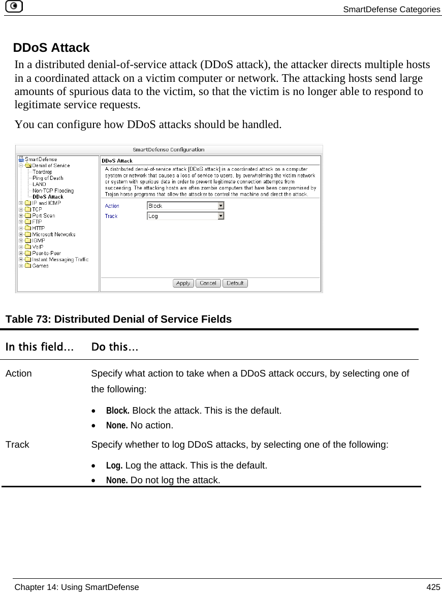  SmartDefense Categories  Chapter 14: Using SmartDefense  425  DDoS Attack In a distributed denial-of-service attack (DDoS attack), the attacker directs multiple hosts in a coordinated attack on a victim computer or network. The attacking hosts send large amounts of spurious data to the victim, so that the victim is no longer able to respond to legitimate service requests. You can configure how DDoS attacks should be handled.   Table 73: Distributed Denial of Service Fields In this field…  Do this… Action  Specify what action to take when a DDoS attack occurs, by selecting one of the following: • Block. Block the attack. This is the default.  • None. No action.  Track  Specify whether to log DDoS attacks, by selecting one of the following: • Log. Log the attack. This is the default.  • None. Do not log the attack.    
