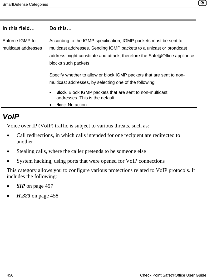 SmartDefense Categories    456  Check Point Safe@Office User Guide  In this field…  Do this… Enforce IGMP to multicast addresses According to the IGMP specification, IGMP packets must be sent to multicast addresses. Sending IGMP packets to a unicast or broadcast address might constitute and attack; therefore the Safe@Office appliance blocks such packets.  Specify whether to allow or block IGMP packets that are sent to non-multicast addresses, by selecting one of the following: • Block. Block IGMP packets that are sent to non-multicast addresses. This is the default.  • None. No action.    VoIP Voice over IP (VoIP) traffic is subject to various threats, such as:  • Call redirections, in which calls intended for one recipient are redirected to another • Stealing calls, where the caller pretends to be someone else • System hacking, using ports that were opened for VoIP connections This category allows you to configure various protections related to VoIP protocols. It includes the following: • SIP on page 457 • H.323 on page 458  