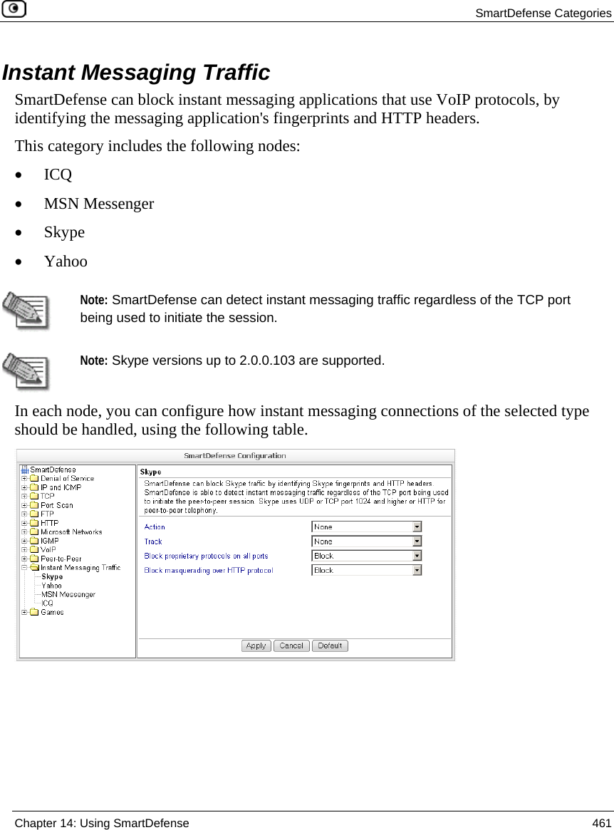 SmartDefense Categories  Chapter 14: Using SmartDefense  461  Instant Messaging Traffic SmartDefense can block instant messaging applications that use VoIP protocols, by identifying the messaging application&apos;s fingerprints and HTTP headers.  This category includes the following nodes:  • ICQ • MSN Messenger • Skype • Yahoo    Note: SmartDefense can detect instant messaging traffic regardless of the TCP port being used to initiate the session.     Note: Skype versions up to 2.0.0.103 are supported. In each node, you can configure how instant messaging connections of the selected type should be handled, using the following table.   