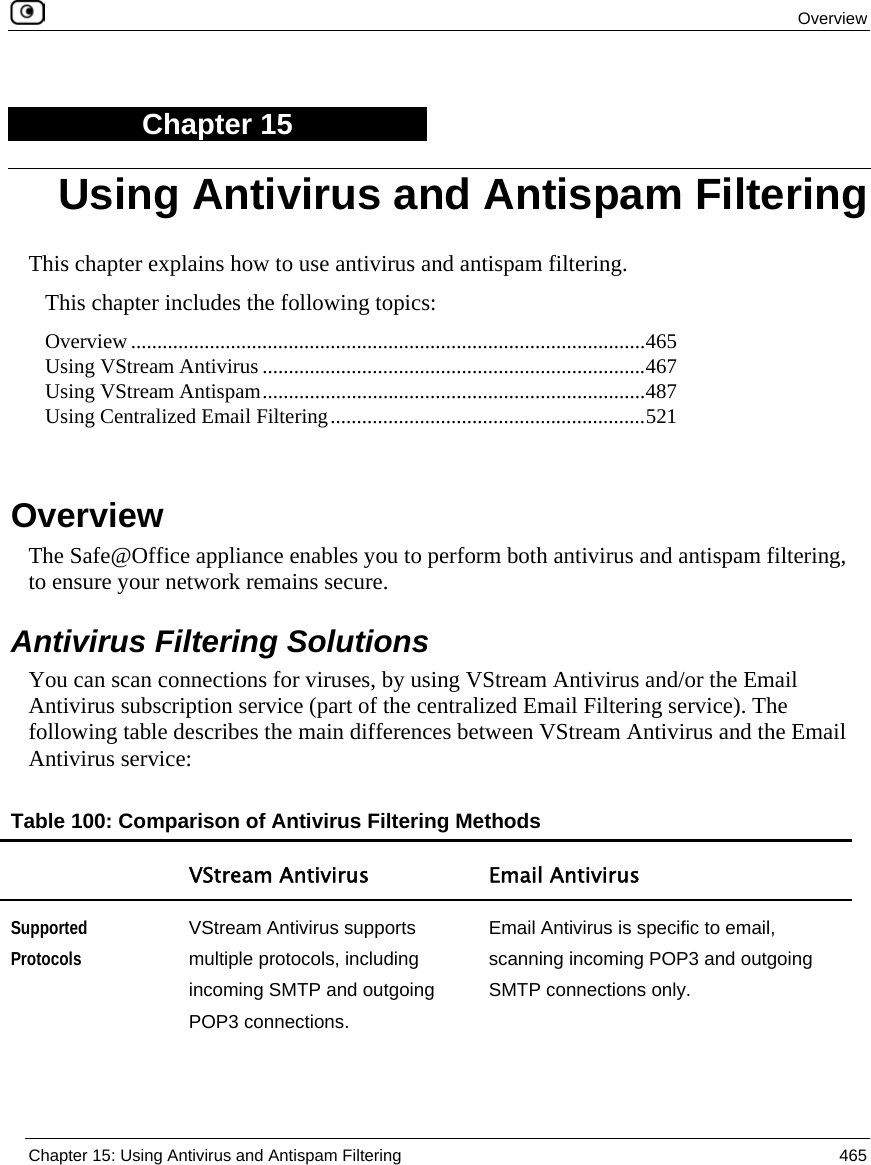  Overview  Chapter 15: Using Antivirus and Antispam Filtering  465  Chapter 15 This chapter explains how to use antivirus and antispam filtering. This chapter includes the following topics: Overview ..................................................................................................465 Using VStream Antivirus .........................................................................467 Using VStream Antispam.........................................................................487 Using Centralized Email Filtering............................................................521   Overview The Safe@Office appliance enables you to perform both antivirus and antispam filtering, to ensure your network remains secure.  Antivirus Filtering Solutions You can scan connections for viruses, by using VStream Antivirus and/or the Email Antivirus subscription service (part of the centralized Email Filtering service). The following table describes the main differences between VStream Antivirus and the Email Antivirus service: Table 100: Comparison of Antivirus Filtering Methods  VStream Antivirus  Email Antivirus Supported Protocols VStream Antivirus supports multiple protocols, including incoming SMTP and outgoing POP3 connections. Email Antivirus is specific to email, scanning incoming POP3 and outgoing SMTP connections only. Using Antivirus and Antispam Filtering 