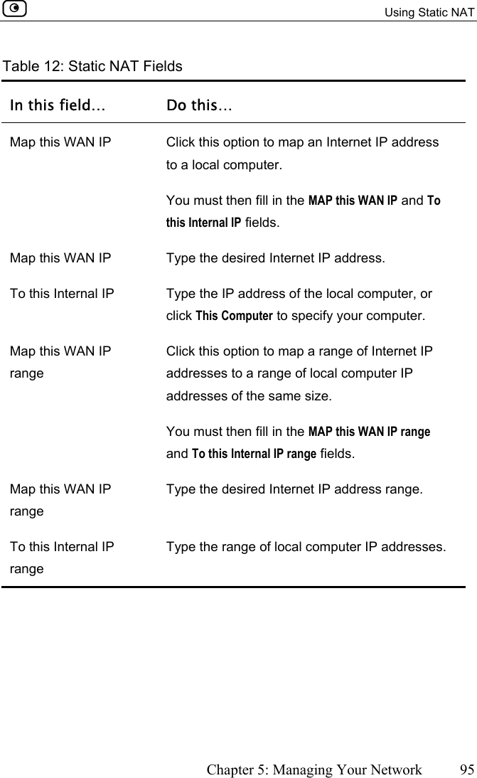   Using Static NAT      Chapter 5: Managing Your Network  95  Table 12: Static NAT Fields In this field…  Do this… Map this WAN IP  Click this option to map an Internet IP address to a local computer.  You must then fill in the MAP this WAN IP and To this Internal IP fields. Map this WAN IP  Type the desired Internet IP address. To this Internal IP  Type the IP address of the local computer, or click This Computer to specify your computer. Map this WAN IP range Click this option to map a range of Internet IP addresses to a range of local computer IP addresses of the same size.  You must then fill in the MAP this WAN IP range and To this Internal IP range fields. Map this WAN IP range Type the desired Internet IP address range. To this Internal IP range Type the range of local computer IP addresses.   