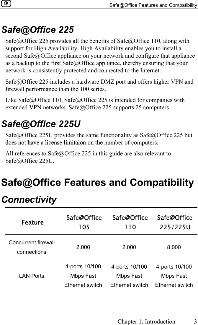   Safe@Office Features and Compatibility     Chapter 1: Introduction  3  Safe@Office 225 Safe@Office 225 provides all the benefits of Safe@Office 110, along with support for High Availability. High Availability enables you to install a second Safe@Office appliance on your network and configure that appliance as a backup to the first Safe@Office appliance, thereby ensuring that your network is consistently protected and connected to the Internet. Safe@Office 225 includes a hardware DMZ port and offers higher VPN and firewall performance than the 100 series. Like Safe@Office 110, Safe@Office 225 is intended for companies with extended VPN networks. Safe@Office 225 supports 25 computers.  Safe@Office 225U Safe@Office 225U provides the same functionality as Safe@Office 225 but does not have a license limitaion on the number of computers.  All references to Safe@Office 225 in this guide are also relevant to Safe@Office 225U.  Safe@Office Features and Compatibility Connectivity Feature  Safe@Office 105 Safe@Office 110 Safe@Office  225/225U Concurrent firewall connections  2,000 2,000 8,000 LAN Ports 4-ports 10/100 Mbps Fast Ethernet switch 4-ports 10/100 Mbps Fast Ethernet switch 4-ports 10/100 Mbps Fast Ethernet switch 