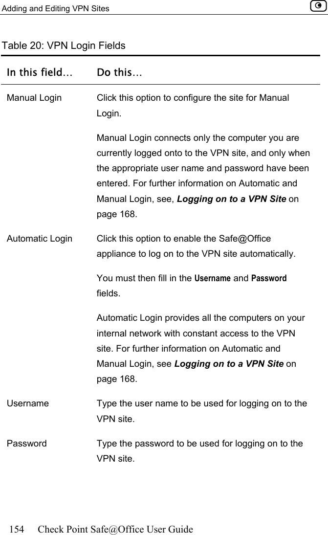 Adding and Editing VPN Sites    154  Check Point Safe@Office User Guide  Table 20: VPN Login Fields In this field…  Do this… Manual Login  Click this option to configure the site for Manual Login. Manual Login connects only the computer you are currently logged onto to the VPN site, and only when the appropriate user name and password have been entered. For further information on Automatic and Manual Login, see, Logging on to a VPN Site on page 168. Automatic Login  Click this option to enable the Safe@Office appliance to log on to the VPN site automatically. You must then fill in the Username and Password fields.  Automatic Login provides all the computers on your internal network with constant access to the VPN site. For further information on Automatic and Manual Login, see Logging on to a VPN Site on page 168. Username  Type the user name to be used for logging on to the VPN site. Password  Type the password to be used for logging on to the VPN site.   