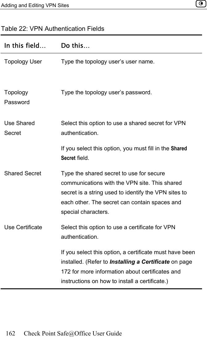 Adding and Editing VPN Sites    162  Check Point Safe@Office User Guide  Table 22: VPN Authentication Fields In this field…  Do this… Topology User  Type the topology user’s user name.  Topology Password Type the topology user’s password.  Use Shared Secret Select this option to use a shared secret for VPN authentication. If you select this option, you must fill in the Shared Secret field. Shared Secret  Type the shared secret to use for secure communications with the VPN site. This shared secret is a string used to identify the VPN sites to each other. The secret can contain spaces and special characters. Use Certificate  Select this option to use a certificate for VPN authentication. If you select this option, a certificate must have been installed. (Refer to Installing a Certificate on page 172 for more information about certificates and instructions on how to install a certificate.)     