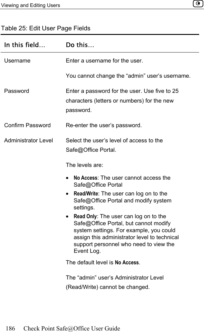 Viewing and Editing Users    186  Check Point Safe@Office User Guide  Table 25: Edit User Page Fields In this field…  Do this… Username  Enter a username for the user. You cannot change the “admin” user’s username. Password  Enter a password for the user. Use five to 25 characters (letters or numbers) for the new password.  Confirm Password  Re-enter the user’s password. Administrator Level   Select the user’s level of access to the Safe@Office Portal. The levels are: •  No Access: The user cannot access the Safe@Office Portal •  Read/Write: The user can log on to the Safe@Office Portal and modify system settings. •  Read Only: The user can log on to the Safe@Office Portal, but cannot modify system settings. For example, you could assign this administrator level to technical support personnel who need to view the Event Log. The default level is No Access. The “admin” user’s Administrator Level (Read/Write) cannot be changed. 