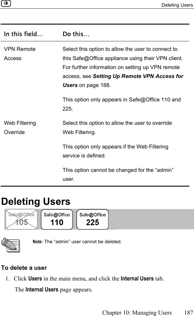  Deleting Users      Chapter 10: Managing Users  187  In this field…  Do this… VPN Remote Access Select this option to allow the user to connect to this Safe@Office appliance using their VPN client. For further information on setting up VPN remote access, see Setting Up Remote VPN Access for Users on page 188. This option only appears in Safe@Office 110 and 225.  Web Filtering Override Select this option to allow the user to override Web Filtering. This option only appears if the Web Filtering service is defined.  This option cannot be changed for the “admin” user.   Deleting Users    Note: The “admin” user cannot be deleted. To delete a user 1. Click Users in the main menu, and click the Internal Users tab. The Internal Users page appears.  