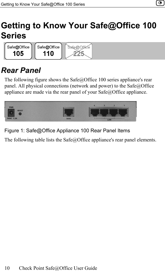 Getting to Know Your Safe@Office 100 Series    10  Check Point Safe@Office User Guide  Getting to Know Your Safe@Office 100 Series  Rear Panel The following figure shows the Safe@Office 100 series appliance&apos;s rear panel. All physical connections (network and power) to the Safe@Office appliance are made via the rear panel of your Safe@Office appliance.  Figure 1: Safe@Office Appliance 100 Rear Panel Items The following table lists the Safe@Office appliance&apos;s rear panel elements. 