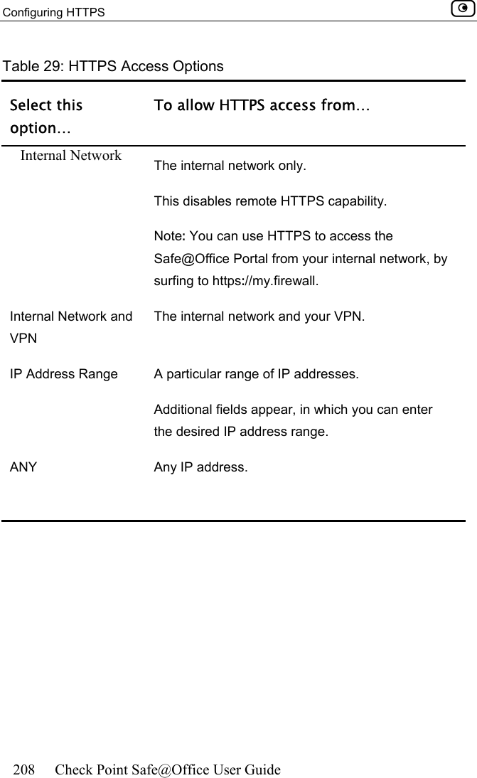 Configuring HTTPS    208  Check Point Safe@Office User Guide  Table 29: HTTPS Access Options Select this option… To allow HTTPS access from… Internal Network  The internal network only. This disables remote HTTPS capability. Note: You can use HTTPS to access the Safe@Office Portal from your internal network, by surfing to https://my.firewall. Internal Network and VPN The internal network and your VPN. IP Address Range  A particular range of IP addresses. Additional fields appear, in which you can enter the desired IP address range. ANY  Any IP address.    