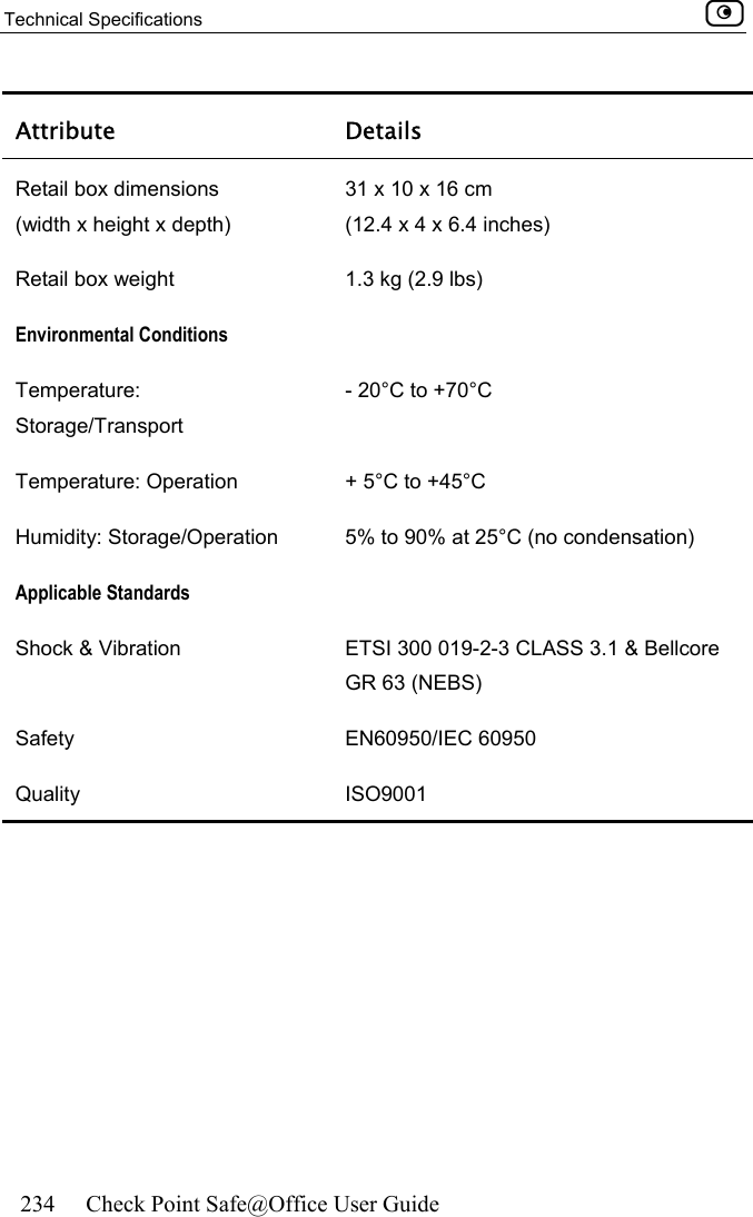 Technical Specifications    234  Check Point Safe@Office User Guide  Attribute Details Retail box dimensions  (width x height x depth)  31 x 10 x 16 cm (12.4 x 4 x 6.4 inches) Retail box weight  1.3 kg (2.9 lbs) Environmental Conditions  Temperature: Storage/Transport - 20°C to +70°C Temperature: Operation  + 5°C to +45°C Humidity: Storage/Operation  5% to 90% at 25°C (no condensation) Applicable Standards   Shock &amp; Vibration  ETSI 300 019-2-3 CLASS 3.1 &amp; Bellcore GR 63 (NEBS) Safety   EN60950/IEC 60950 Quality   ISO9001    