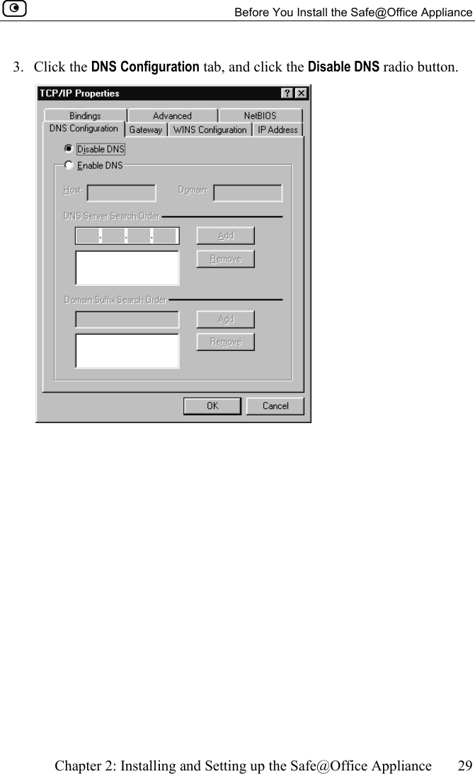   Before You Install the Safe@Office Appliance    Chapter 2: Installing and Setting up the Safe@Office Appliance  29  3. Click the DNS Configuration tab, and click the Disable DNS radio button.  