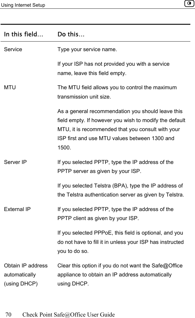 Using Internet Setup    70  Check Point Safe@Office User Guide  In this field…  Do this… Service  Type your service name. If your ISP has not provided you with a service name, leave this field empty. MTU  The MTU field allows you to control the maximum transmission unit size.  As a general recommendation you should leave this field empty. If however you wish to modify the default MTU, it is recommended that you consult with your ISP first and use MTU values between 1300 and 1500. Server IP  If you selected PPTP, type the IP address of the PPTP server as given by your ISP. If you selected Telstra (BPA), type the IP address of the Telstra authentication server as given by Telstra. External IP  If you selected PPTP, type the IP address of the PPTP client as given by your ISP. If you selected PPPoE, this field is optional, and you do not have to fill it in unless your ISP has instructed you to do so. Obtain IP address automatically (using DHCP) Clear this option if you do not want the Safe@Office appliance to obtain an IP address automatically using DHCP. 
