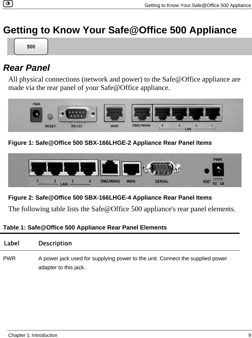   Getting to Know Your Safe@Office 500 Appliance  Chapter 1: Introduction  9  Getting to Know Your Safe@Office 500 Appliance  Rear Panel All physical connections (network and power) to the Safe@Office appliance are made via the rear panel of your Safe@Office appliance.  Figure 1: Safe@Office 500 SBX-166LHGE-2 Appliance Rear Panel Items  Figure 2: Safe@Office 500 SBX-166LHGE-4 Appliance Rear Panel Items The following table lists the Safe@Office 500 appliance&apos;s rear panel elements. Table 1: Safe@Office 500 Appliance Rear Panel Elements Label Description PWR  A power jack used for supplying power to the unit. Connect the supplied power adapter to this jack. 