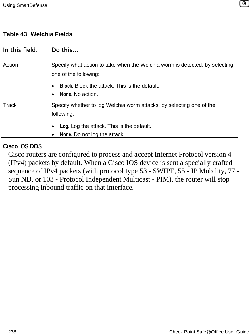 Using SmartDefense    238  Check Point Safe@Office User Guide  Table 43: Welchia Fields In this field…  Do this… Action  Specify what action to take when the Welchia worm is detected, by selecting one of the following: • Block. Block the attack. This is the default.  • None. No action.  Track  Specify whether to log Welchia worm attacks, by selecting one of the following: • Log. Log the attack. This is the default.  • None. Do not log the attack.     Cisco IOS DOS Cisco routers are configured to process and accept Internet Protocol version 4 (IPv4) packets by default. When a Cisco IOS device is sent a specially crafted sequence of IPv4 packets (with protocol type 53 - SWIPE, 55 - IP Mobility, 77 - Sun ND, or 103 - Protocol Independent Multicast - PIM), the router will stop processing inbound traffic on that interface. 