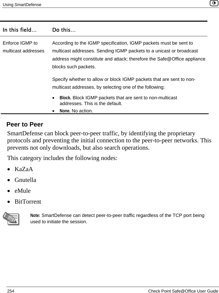 Using SmartDefense    254  Check Point Safe@Office User Guide  In this field…  Do this… Enforce IGMP to multicast addresses According to the IGMP specification, IGMP packets must be sent to multicast addresses. Sending IGMP packets to a unicast or broadcast address might constitute and attack; therefore the Safe@Office appliance blocks such packets.  Specify whether to allow or block IGMP packets that are sent to non-multicast addresses, by selecting one of the following: • Block. Block IGMP packets that are sent to non-multicast addresses. This is the default.  • None. No action.    Peer to Peer SmartDefense can block peer-to-peer traffic, by identifying the proprietary protocols and preventing the initial connection to the peer-to-peer networks. This prevents not only downloads, but also search operations.  This category includes the following nodes: • KaZaA • Gnutella • eMule • BitTorrent   Note: SmartDefense can detect peer-to-peer traffic regardless of the TCP port being used to initiate the session.  