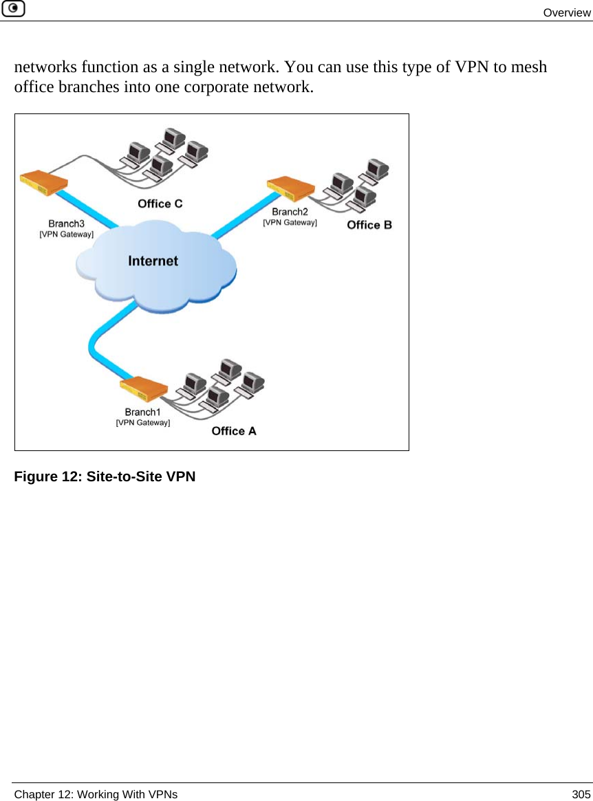  Overview  Chapter 12: Working With VPNs  305  networks function as a single network. You can use this type of VPN to mesh office branches into one corporate network.  Figure 12: Site-to-Site VPN 