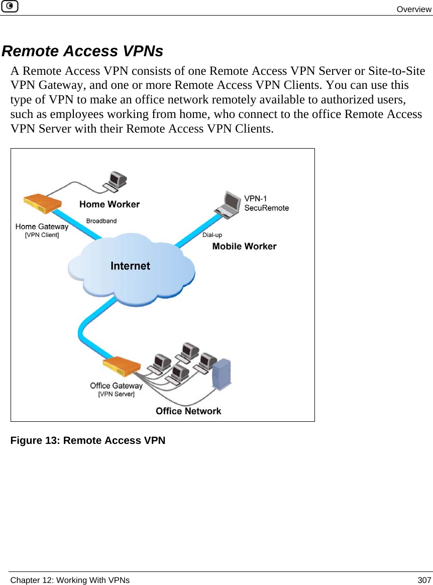  Overview  Chapter 12: Working With VPNs  307  Remote Access VPNs A Remote Access VPN consists of one Remote Access VPN Server or Site-to-Site VPN Gateway, and one or more Remote Access VPN Clients. You can use this type of VPN to make an office network remotely available to authorized users, such as employees working from home, who connect to the office Remote Access VPN Server with their Remote Access VPN Clients.  Figure 13: Remote Access VPN 