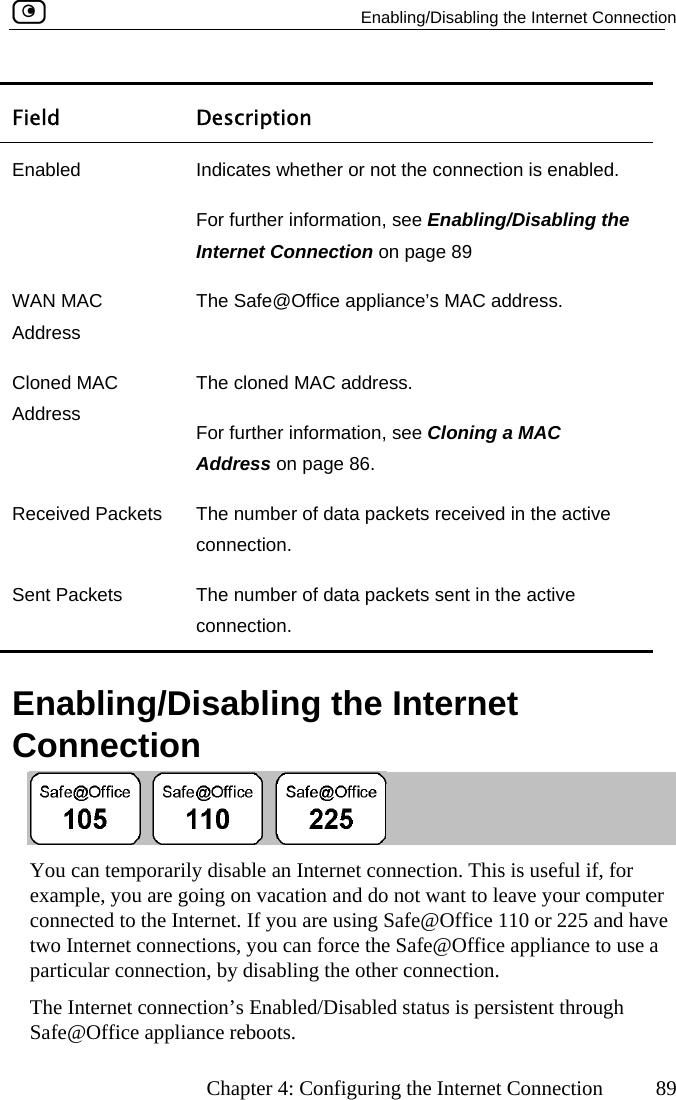   Enabling/Disabling the Internet Connection      Chapter 4: Configuring the Internet Connection  89 Field Description Enabled  Indicates whether or not onnection is enabled.  Disabling the  the cFor further information, see Enabling/Internet Connection on page 89 WANAddress ce appliance’s MAC address. Cloned MAC Address The cloned MAC address.  For further information, see Cloning a MAC Address on page 86. Received Packets  The number of data packets received in the active connection. Sent Packets  The number of data packets sent in the active connection.  MAC  The Safe@Offi  E nternet Conabling/Disabling the Innection  You can temporarily disable an Internet connection. This is useful if, for exa n and do not want to leave your computer e Internet. If you are using Safe@Office 110 or 225 and have nnections, you can force the Safe@Office appliance to use a part ng the other connection. The Internet connection’s Enabled/Disabled status is persistent through Safe@Office appliance reboots. mple, you are going on vacatioconnected to thtwo Internet coicular connection, by disabli 