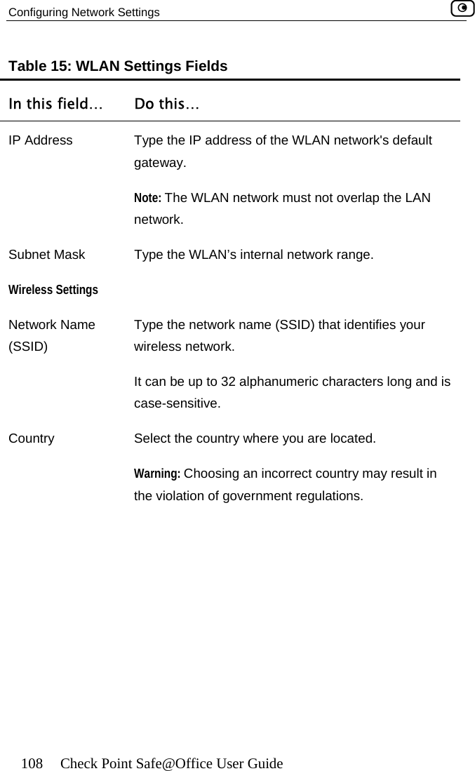 Configuring Network Settings    108  Check Point Safe@Office User Guide Table 15: WLAN Settings Fields In this field…  Do this… IP Address  s default ga wNote: netwoType the IP address of the WLAN network&apos;te ay. The WLAN network must not overlap the LAN rk. Subnet Mask  TypeWireless Settings  Network Name (SSID) phanumeric characters long and is    are located.  Warni sult in the vi  government regulations.  the WLAN’s internal network range. Type the network name (SSID) that identifies your wireless network.  It can be up to 32 alcase-sensitive.Country  Select the country where young: Choosing an incorrect country may reolation of 