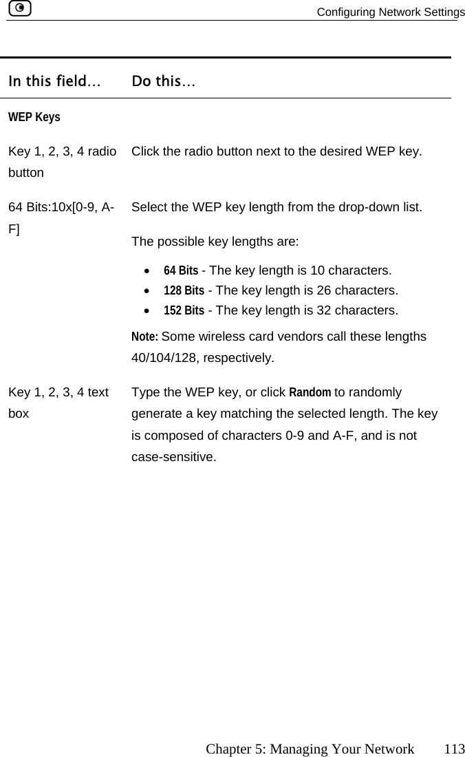   Configuring Network Settings      Chapter 5: Managing Your Network  113 In this field…  Do this… WEP Keys  Kbu64F] key length is 32 characters.  Kboey 1, 2, 3, 4 radio tton Click the radio button next to the desired WEP key.  Bits:10x[0-9, A- Select the WEP key length from the drop-down list. The possible key lengths are: •  64 Bits - The key length is 10 characters. •  128 Bits - The key length is 26 characters. •  152 Bits - TheNote: Some wireless card vendors call these lengths40/104/128, respectively. ey 1, 2, 3, 4 text x Type the WEP key, or click Random to randomly generate a key matching the selected length. The key is composed of characters 0-9 and A-F, and is not case-sensitive.  