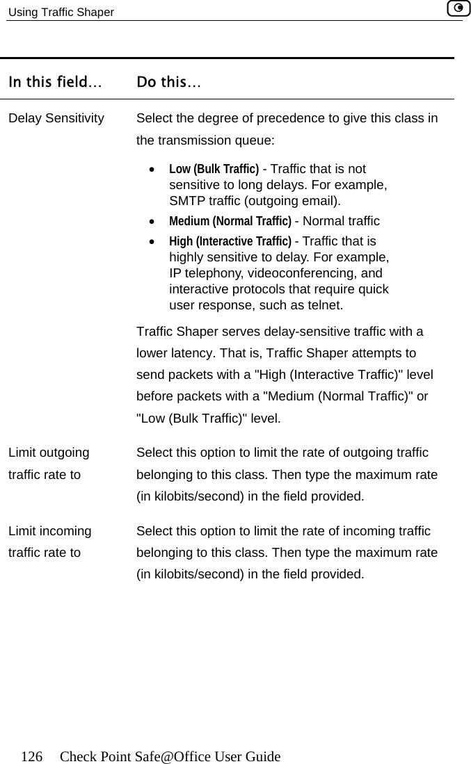 Using Traffic Shaper    126  Check Point Safe@Office User Guide Do In this field…  this… Delay Sensitivity  Selethe •  Low (Bulk Traffic) - Traffic that is not • • highly sensitive to delay. For example, ick Traf ith a lower latency. That is, Traffic Shaper attempts to  senbefoowct the degree of precedence to give this class in transmission queue: sensitive to long delays. For example, SMTP traffic (outgoing email). Medium (Normal Traffic) - Normal traffic High (Interactive Traffic) - Traffic that is IP telephony, videoconferencing, and interactive protocols that require quuser response, such as telnet. fic Shaper serves delay-sensitive traffic wd packets with a &quot;High (Interactive Traffic)&quot; level re packets with a &quot;Medium (Normal Traffic)&quot; or &quot;L  (Bulk Traffic)&quot; level. Limit outgoing traffic rate to Sele  to limit the rate of outgoing traffic belo ate (in k ovided. ximum rate (in k ) in the field provided. ct this optionnging to this class. Then type the maximum rilobits/second) in the field prLimit incoming traffic rate to Select this option to limit the rate of incoming traffic belonging to this class. Then type the mailobits/second 