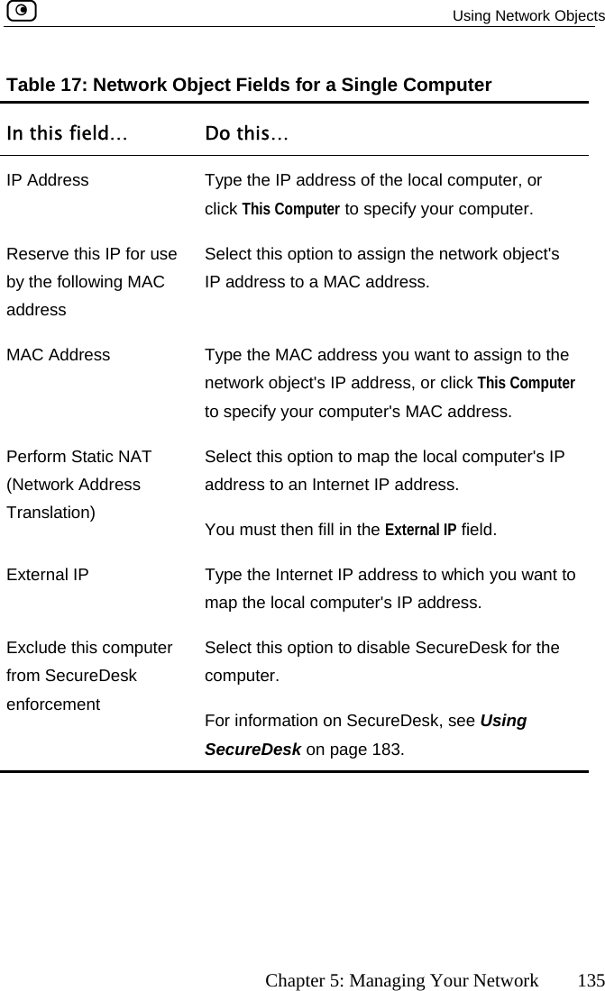  Using Network Objects      Chapter 5: Managing Your Network  135 T t Fields for a Single Computer In this field…able 17: Network Objec  Do this… IP Address  Type the IP address of the local computer, or click This Computer to specify your computer. Reserve this IP for use by the following MAC address Select this option to assign the network object&apos;s IP address to a MAC address. MAC Address  Type the MAC address you want to assign to the network object&apos;s IP address, or click This Computer to specify your computer&apos;s MAC address. Perform Static NAT (NetwTranslation) Select this option to map the local computer&apos;s IP  Internet IP address.   field. Exter ss to which you want to Exclude from SecenforcemecureDesk for the k on page 183. ork Address  address to anYou must then fill in the External IPnal IP  Type the Internet IP addremap the local computer&apos;s IP address. this computer  Select this option to disable SureDesk ent computer.  For information on SecureDesk, see Using SecureDes 