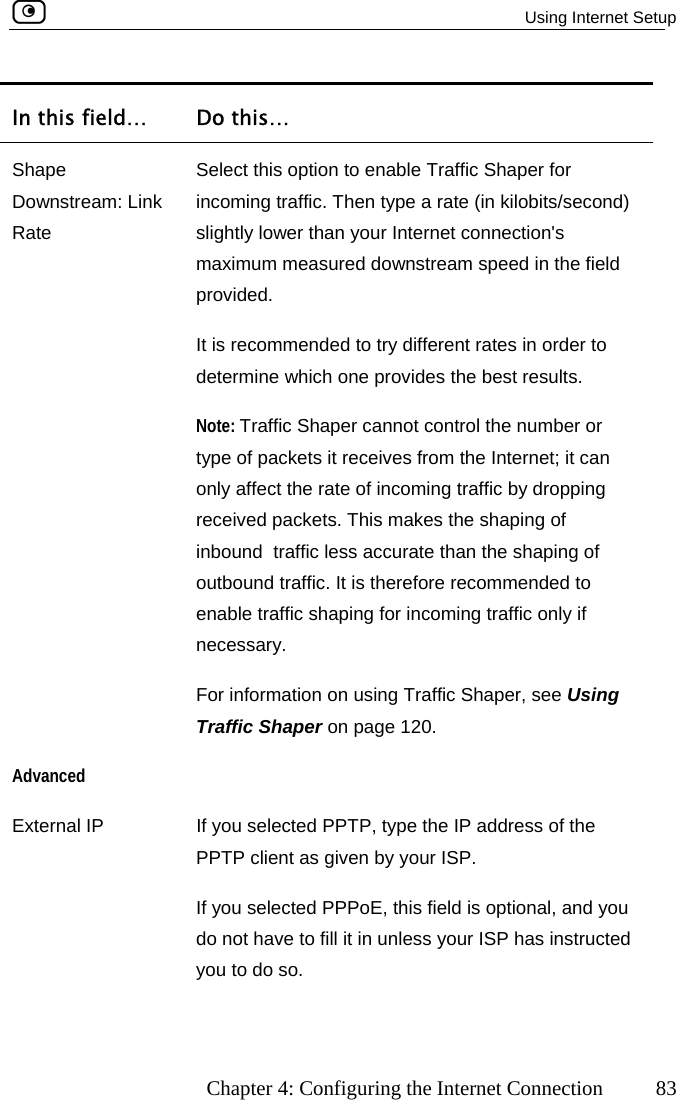   Using Internet Setup      Chapter 4: Configuring the Internet Connection  83 In this field…  Do this… ShapDRate option to enable Traffic Shaper for ts/second)  slightly lower than your Internet connection&apos;s  d nstream speed in the field  different rates in order to w s. cannot control the number or he Internet; it can raffic by dropping received packets. This makes the shaping of inbound  traffic less accurate than the shaping of outbound traffic. It is therefore recommended to n on using Traffic Shaper, see Using e  Select this ownstream: Link  incoming traffic. Then type a rate (in kilobimaximum measured owprovided.  It is recommended to trydetermine  hich one provides the best resultNote: Traffic Shaper type of packets it receives from tonly affect the rate of incoming tenable traffic shaping for incoming traffic only if necessary. For informatioTraffic Shaper on page 120. AE  selected PPTP, type the IP address of the PPTP client as given by your ISP. If you selected PPPoE, this field is optional, and you do not have to fill it in unless your ISP has instructed you to do so. dvanced  xternal IP  If you 