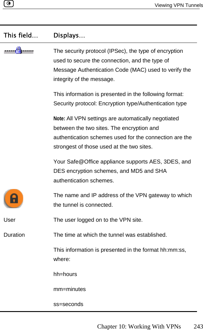  Viewing VPN Tunnels      Chapter 10: Working With VPNs  243 This field…  Displays…   The security protocol (IPSec), the type of encryption used to secure the connection, and the type of Message Authentication Code (MAC) used to verify the integrity of the message. This information is presented in the following format: Security protocol: Encryption type/Authentication type Note: All VPN settings are automatically negotiated between the two sites. The encryption and strongest of those used at the two sites. DES encryption schemes, and MD5 and SHA authentication schemes. authentication schemes used for the connection are the Your Safe@Office appliance supports AES, 3DES, and  The name and IP address of the VPN gateway to which the tunnel is connected. UDted in the format hh:mm:ss, where:  s ser  The user logged on to the VPN site. uration  The time at which the tunnel was established.  This information is presenhh=hours mm=minutes ss=second  