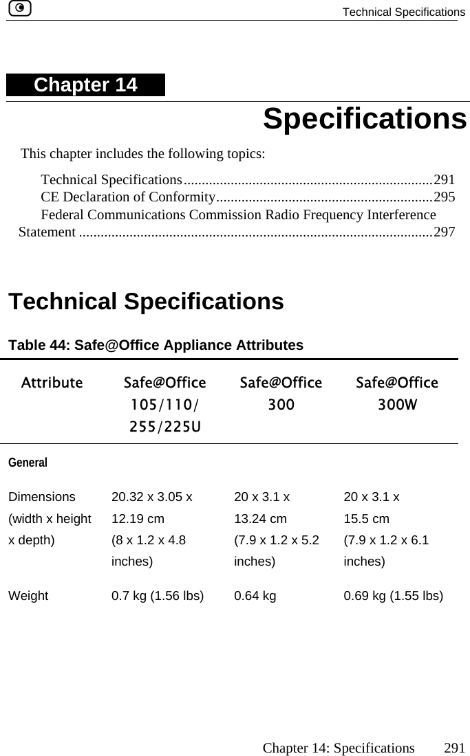  Technical Specifications      Chapter 14: Specifications  291 Chapter 14 udes the following topics:  ns.....................................................................291  ity............................................................295  F  Communications Commission Radi terference Statem 297   ical SpecificationsTa  Appliance AttribuA e  10/ 5U Saf3300W This chapter inclTechnical SpecificatioCE Declaration of Conformederalent ..................................................................................................o Frequency InTechn  ble 44: Safe@Office tes ttribute Safe@Offic105/1255/22e@Office 00 Safe@Office  General    Di(wix d20.32 x 3.05 x  cm  inches) 20 x 3.113.24 cm(7.9 x 1.2 x inche x  (7.9 x 1.2 x 6.1 s) We  lbs)  0.64 kg  5 lbs) Specifications mensions  dth x height  12.19epth)   (8 x 1.2 x 4.8  x   20 x 3.1 5.2 15.5 cm s)  incheight   0.7 kg (1.56 0.69 kg (1.5 