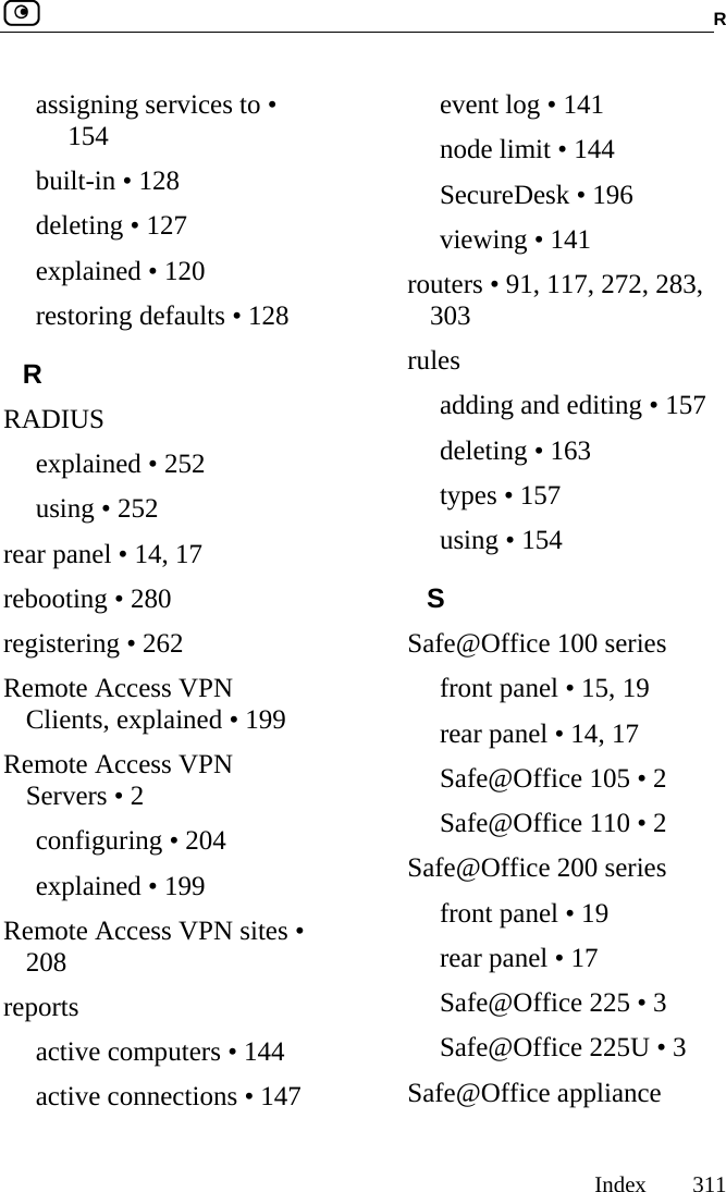  R     Index 311  assigning services to • 154 built-in • 128 deleting • 127 explained • 120 restoring defaults • 128 R RADIUS explained • 252 using • 252 rear panel • 14, 17 rebooting • 280 registering • 262 Remote Access VPN Clients, explained • 199 Remote Access VPN Servers • 2 configuring • 204 explained • 199 Remote Access VPN sites • 208 reports active computers • 144 active connections • 147 event log • 141 node limit • 144 SecureDesk • 196 viewing • 141 routers • 91, 117, 272, 283, 303 rules adding and editing • 157 deleting • 163 types • 157 using • 154 S Safe@Office 100 series front panel • 15, 19 rear panel • 14, 17 Safe@Office 105 • 2 Safe@Office 110 • 2 Safe@Office 200 series front panel • 19 rear panel • 17 Safe@Office 225 • 3 Safe@Office 225U • 3 Safe@Office appliance 