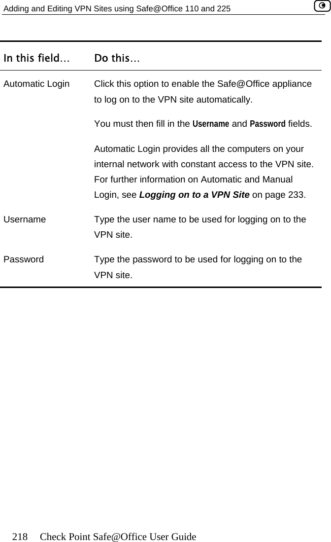 Adding and Editing VPN Sites using Safe@Office 110 and 225    218  Check Point Safe@Office User Guide In this   field…  Do this…Autom i ce . t then fill in the Username and Password fields.  s all the computers on your ant access to the VPN site. For further information on Automatic and Manual Login, see Logging on to a VPN Site on page 233. at c Login  Click this option to enable the Safe@Office applianto log on to the VPN site automaticallyYou musAutomatic Login provideinternal network with constU  to the PassVPN site. sername  Type the user name to be used for logging onVPN site. word  Type the password to be used for logging on to the  