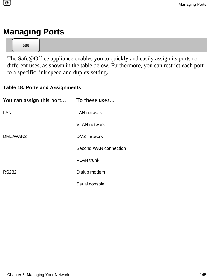 Managing Ports  Chapter 5: Managing Your Network  145    Managing Ports  The Safe@Office appliance enables you to quickly and easily assign its ports to different uses, as shown in the table below. Furthermore, you can restrict each port to a specific link speed and duplex setting. Table 18: Ports and Assignments You can assign this port...  To these uses... LAN LAN network VLAN network DMZ/WAN2 DMZ network Second WAN connection VLAN trunk RS232 Dialup modem Serial console 