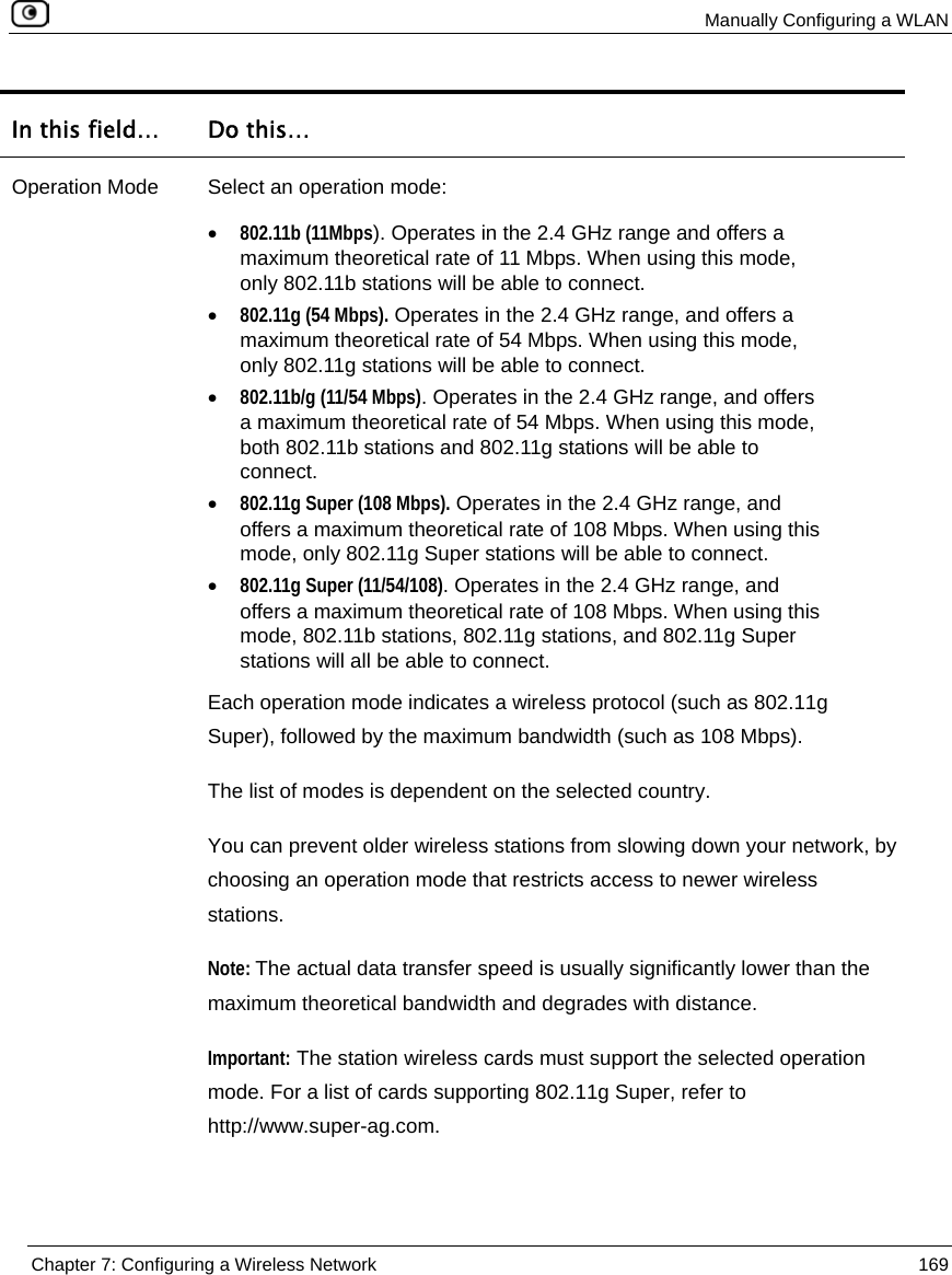  Manually Configuring a WLAN  Chapter 7: Configuring a Wireless Network  169  In this field…  Do this… Operation Mode  Select an operation mode: • 802.11b (11Mbps). Operates in the 2.4 GHz range and offers a maximum theoretical rate of 11 Mbps. When using this mode, only 802.11b stations will be able to connect. • 802.11g (54 Mbps). Operates in the 2.4 GHz range, and offers a maximum theoretical rate of 54 Mbps. When using this mode, only 802.11g stations will be able to connect. • 802.11b/g (11/54 Mbps). Operates in the 2.4 GHz range, and offers a maximum theoretical rate of 54 Mbps. When using this mode, both 802.11b stations and 802.11g stations will be able to connect. • 802.11g Super (108 Mbps). Operates in the 2.4 GHz range, and offers a maximum theoretical rate of 108 Mbps. When using this mode, only 802.11g Super stations will be able to connect. • 802.11g Super (11/54/108). Operates in the 2.4 GHz range, and offers a maximum theoretical rate of 108 Mbps. When using this mode, 802.11b stations, 802.11g stations, and 802.11g Super stations will all be able to connect.  Each operation mode indicates a wireless protocol (such as 802.11g Super), followed by the maximum bandwidth (such as 108 Mbps).  The list of modes is dependent on the selected country.  You can prevent older wireless stations from slowing down your network, by choosing an operation mode that restricts access to newer wireless stations. Note: The actual data transfer speed is usually significantly lower than the maximum theoretical bandwidth and degrades with distance.  Important: The station wireless cards must support the selected operation mode. For a list of cards supporting 802.11g Super, refer to http://www.super-ag.com.  