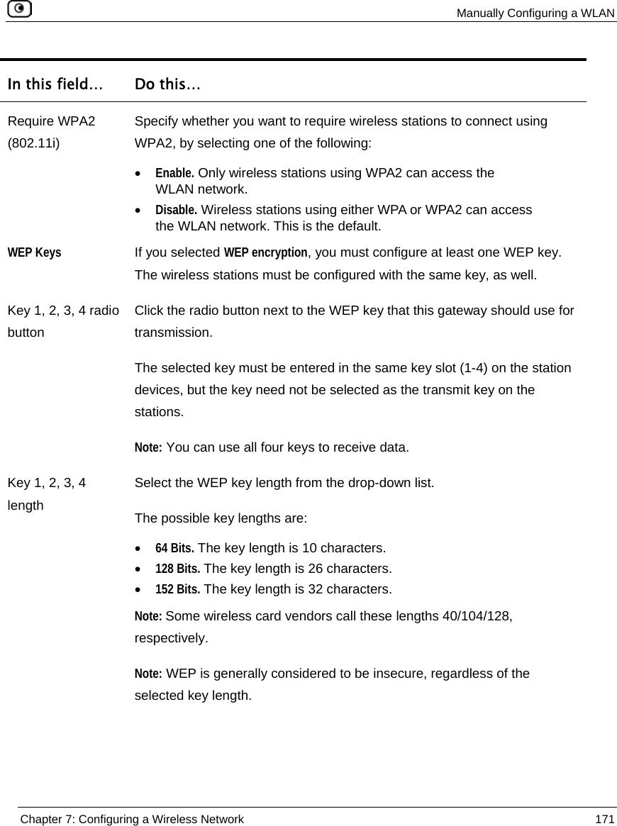 Manually Configuring a WLAN  Chapter 7: Configuring a Wireless Network  171  In this field…  Do this… Require WPA2 (802.11i) Specify whether you want to require wireless stations to connect using WPA2, by selecting one of the following: • Enable. Only wireless stations using WPA2 can access the WLAN network.  • Disable. Wireless stations using either WPA or WPA2 can access the WLAN network. This is the default.  WEP Keys  If you selected WEP encryption, you must configure at least one WEP key. The wireless stations must be configured with the same key, as well. Key 1, 2, 3, 4 radio button Click the radio button next to the WEP key that this gateway should use for transmission.  The selected key must be entered in the same key slot (1-4) on the station devices, but the key need not be selected as the transmit key on the stations. Note: You can use all four keys to receive data.  Key 1, 2, 3, 4 length Select the WEP key length from the drop-down list. The possible key lengths are: • 64 Bits. The key length is 10 characters. • 128 Bits. The key length is 26 characters. • 152 Bits. The key length is 32 characters. Note: Some wireless card vendors call these lengths 40/104/128, respectively. Note: WEP is generally considered to be insecure, regardless of the selected key length. 