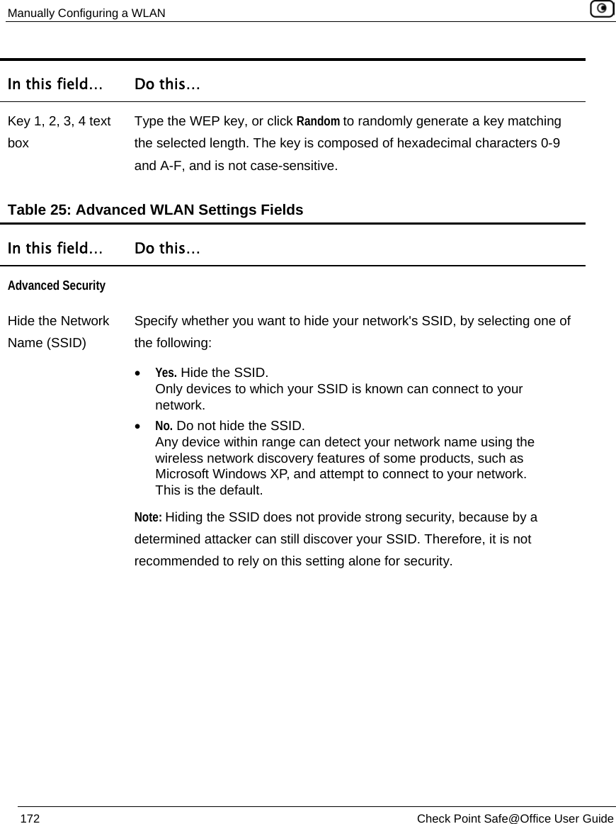 Manually Configuring a WLAN    172  Check Point Safe@Office User Guide  In this field…  Do this… Key 1, 2, 3, 4 text box Type the WEP key, or click Random to randomly generate a key matching the selected length. The key is composed of hexadecimal characters 0-9 and A-F, and is not case-sensitive.  Table 25: Advanced WLAN Settings Fields In this field…  Do this… Advanced Security  Hide the Network Name (SSID) Specify whether you want to hide your network&apos;s SSID, by selecting one of the following: • Yes. Hide the SSID.  Only devices to which your SSID is known can connect to your network. • No. Do not hide the SSID.  Any device within range can detect your network name using the wireless network discovery features of some products, such as Microsoft Windows XP, and attempt to connect to your network. This is the default. Note: Hiding the SSID does not provide strong security, because by a determined attacker can still discover your SSID. Therefore, it is not recommended to rely on this setting alone for security. 
