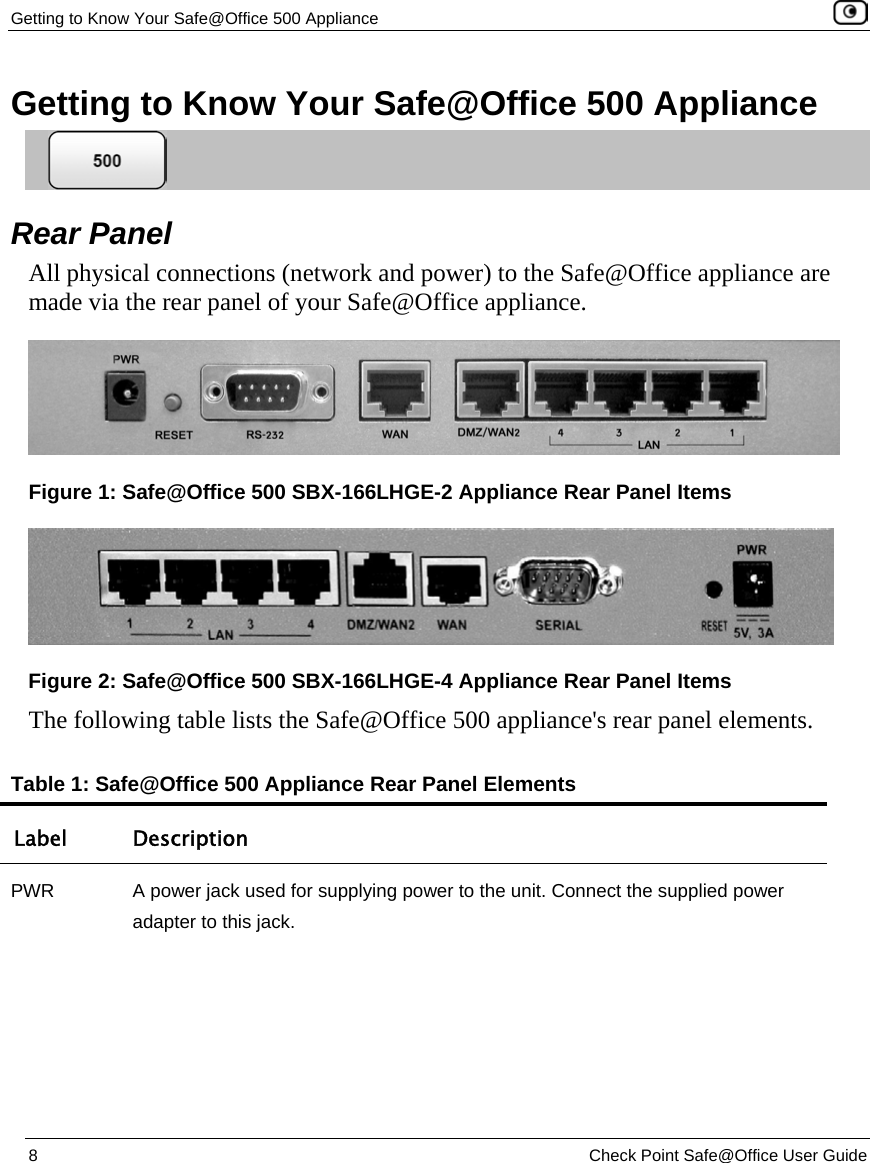 Getting to Know Your Safe@Office 500 Appliance    8  Check Point Safe@Office User Guide  Getting to Know Your Safe@Office 500 Appliance  Rear Panel All physical connections (network and power) to the Safe@Office appliance are made via the rear panel of your Safe@Office appliance.  Figure 1: Safe@Office 500 SBX-166LHGE-2 Appliance Rear Panel Items  Figure 2: Safe@Office 500 SBX-166LHGE-4 Appliance Rear Panel Items The following table lists the Safe@Office 500 appliance&apos;s rear panel elements. Table 1: Safe@Office 500 Appliance Rear Panel Elements Label Description PWR  A power jack used for supplying power to the unit. Connect the supplied power adapter to this jack. 