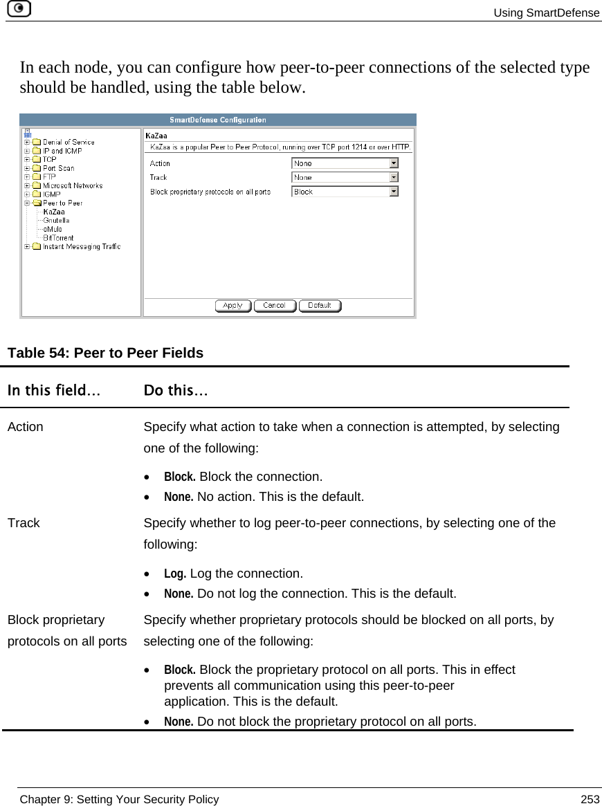 Using SmartDefense  Chapter 9: Setting Your Security Policy  253  In each node, you can configure how peer-to-peer connections of the selected type should be handled, using the table below.  Table 54: Peer to Peer Fields In this field…  Do this… Action  Specify what action to take when a connection is attempted, by selecting one of the following: • Block. Block the connection. • None. No action. This is the default.  Track  Specify whether to log peer-to-peer connections, by selecting one of the following: • Log. Log the connection.  • None. Do not log the connection. This is the default.  Block proprietary protocols on all ports Specify whether proprietary protocols should be blocked on all ports, by selecting one of the following: • Block. Block the proprietary protocol on all ports. This in effect prevents all communication using this peer-to-peer application. This is the default.  • None. Do not block the proprietary protocol on all ports.    
