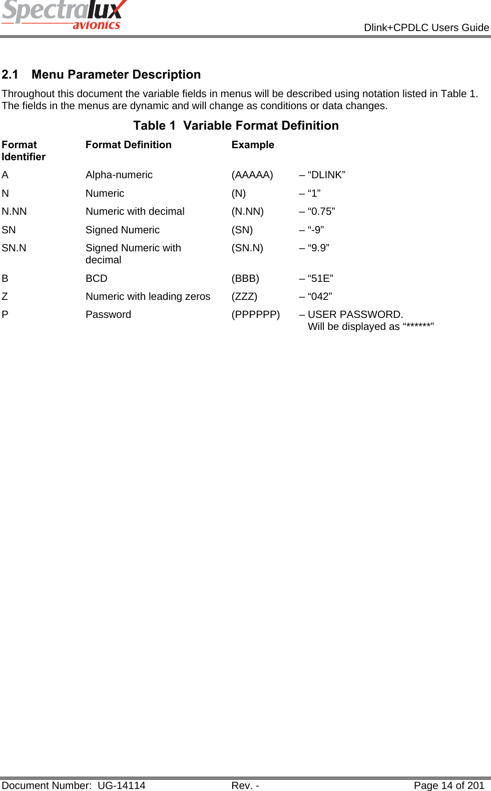            Dlink+CPDLC Users Guide  Document Number:  UG-14114  Rev. -  Page 14 of 201   2.1  Menu Parameter Description Throughout this document the variable fields in menus will be described using notation listed in Table 1.  The fields in the menus are dynamic and will change as conditions or data changes. Table 1  Variable Format Definition Format Identifier Format Definition  Example   A  Alpha-numeric  (AAAAA)   – “DLINK” N  Numeric  (N)   – “1” N.NN  Numeric with decimal  (N.NN)   – “0.75” SN  Signed Numeric  (SN)   – “-9” SN.N  Signed Numeric with decimal  (SN.N)   – “9.9” B BCD  (BBB) – “51E” Z  Numeric with leading zeros  (ZZZ)   – “042” P  Password  (PPPPPP)   – USER PASSWORD.      Will be displayed as “******”      