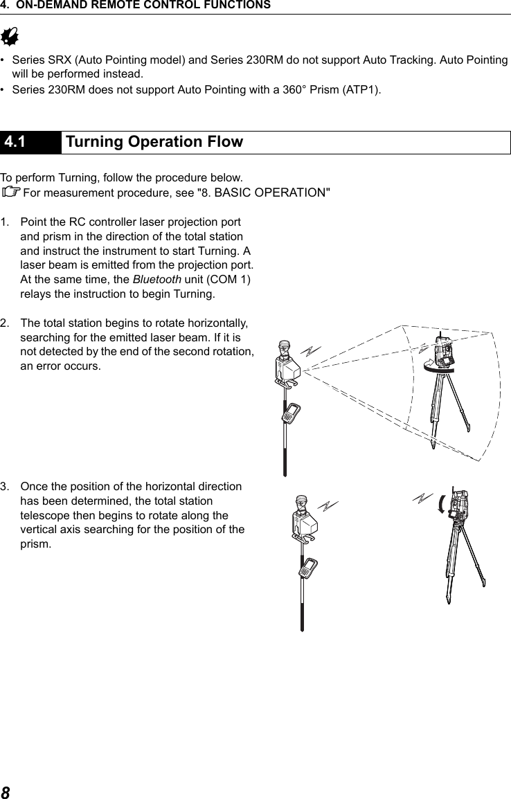 4. ON-DEMAND REMOTE CONTROL FUNCTIONS8G&bull; Series SRX (Auto Pointing model) and Series 230RM do not support Auto Tracking. Auto Pointing will be performed instead.&bull; Series 230RM does not support Auto Pointing with a 360&deg; Prism (ATP1).To perform Turning, follow the procedure below.CFor measurement procedure, see "8. BASIC OPERATION"1. Point the RC controller laser projection port and prism in the direction of the total station and instruct the instrument to start Turning. A laser beam is emitted from the projection port. At the same time, the Bluetooth unit (COM 1) relays the instruction to begin Turning.2. The total station begins to rotate horizontally, searching for the emitted laser beam. If it is not detected by the end of the second rotation, an error occurs.3. Once the position of the horizontal direction has been determined, the total station telescope then begins to rotate along the vertical axis searching for the position of the prism.4.1 Turning Operation Flow