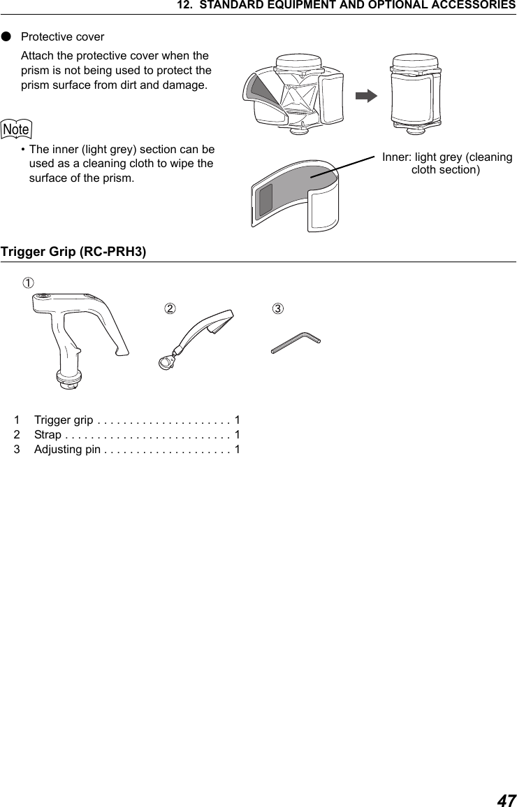 4712. STANDARD EQUIPMENT AND OPTIONAL ACCESSORIES●Protective coverAttach the protective cover when the prism is not being used to protect the prism surface from dirt and damage. $&bull; The inner (light grey) section can be used as a cleaning cloth to wipe the surface of the prism.Trigger Grip (RC-PRH3)           Inner: light grey (cleaning           cloth section)1 Trigger grip . . . . . . . . . . . . . . . . . . . . . 12 Strap . . . . . . . . . . . . . . . . . . . . . . . . . . 13 Adjusting pin . . . . . . . . . . . . . . . . . . . . 1