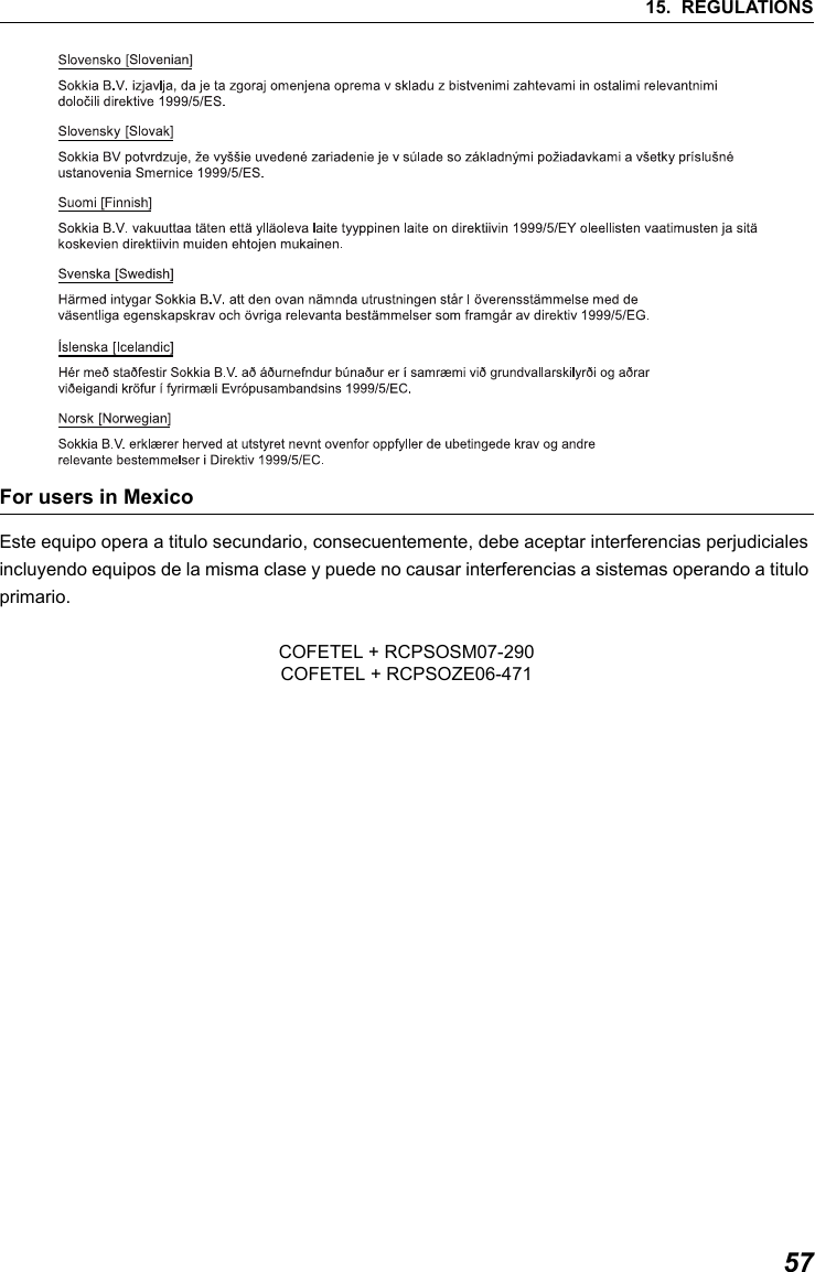 5715. REGULATIONSFor users in MexicoEste equipo opera a titulo secundario, consecuentemente, debe aceptar interferencias perjudiciales incluyendo equipos de la misma clase y puede no causar interferencias a sistemas operando a titulo primario.COFETEL + RCPSOSM07-290COFETEL + RCPSOZE06-471