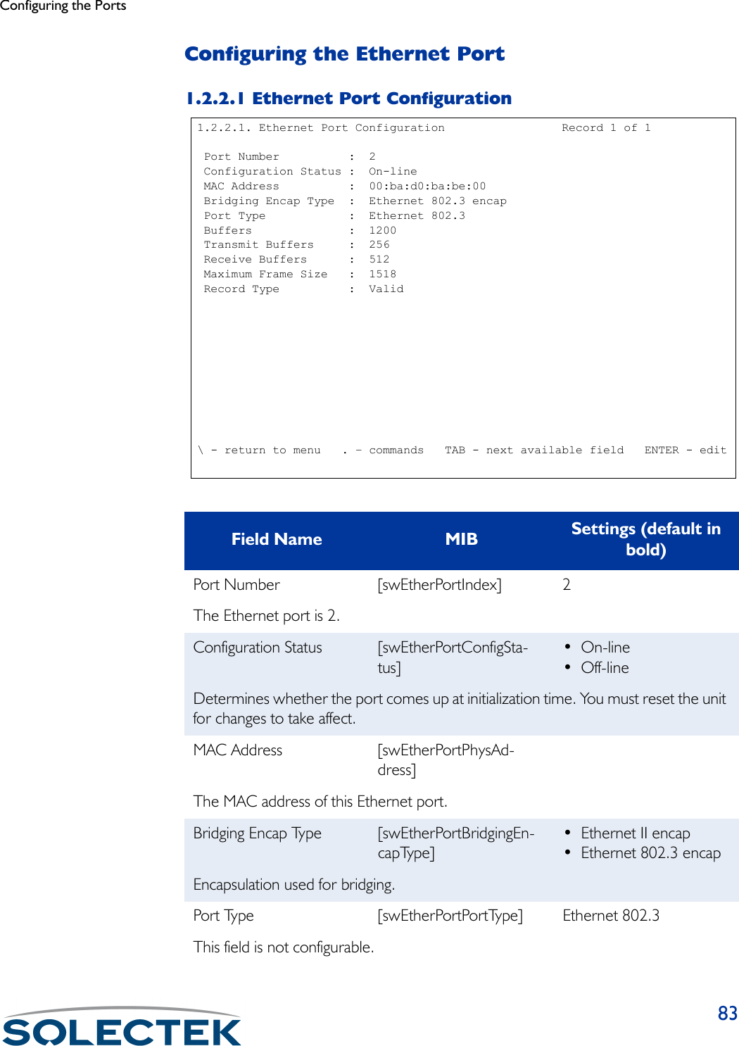 Configuring the Ports83Configuring the Ethernet Port1.2.2.1 Ethernet Port ConfigurationField Name MIB Settings (default in bold)Port Number [swEtherPortIndex] 2The Ethernet port is 2.Configuration Status [swEtherPortConfigSta-tus]• On-line• Off-lineDetermines whether the port comes up at initialization time. You must reset the unit for changes to take affect.MAC Address [swEtherPortPhysAd-dress]The MAC address of this Ethernet port.Bridging Encap Type [swEtherPortBridgingEn-capType]• Ethernet II encap• Ethernet 802.3 encapEncapsulation used for bridging.Port Type [swEtherPortPortType] Ethernet 802.3This field is not configurable.1.2.2.1. Ethernet Port Configuration                 Record 1 of 1 Port Number          :  2 Configuration Status :  On-line MAC Address          :  00:ba:d0:ba:be:00 Bridging Encap Type  :  Ethernet 802.3 encap Port Type            :  Ethernet 802.3 Buffers              :  1200 Transmit Buffers     :  256 Receive Buffers      :  512 Maximum Frame Size   :  1518 Record Type          :  Valid\ - return to menu   . – commands   TAB - next available field   ENTER - edit
