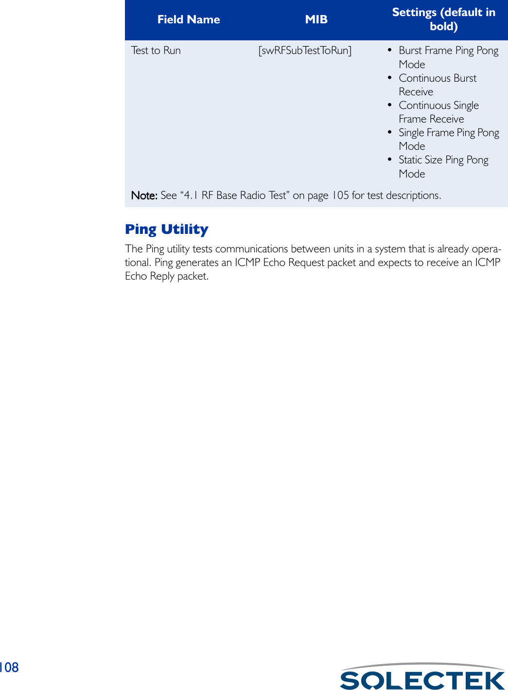 108Ping UtilityThe Ping utility tests communications between units in a system that is already opera-tional. Ping generates an ICMP Echo Request packet and expects to receive an ICMP Echo Reply packet.Te s t  t o  R u n [swRFSubTestToRun] • Burst Frame Ping Pong Mode• Continuous Burst Receive• Continuous Single Frame Receive• Single Frame Ping Pong Mode• Static Size Ping Pong ModeNote: Note: Note: Note: See “4.1 RF Base Radio Test” on page 105 for test descriptions.Field Name MIB Settings (default in bold)