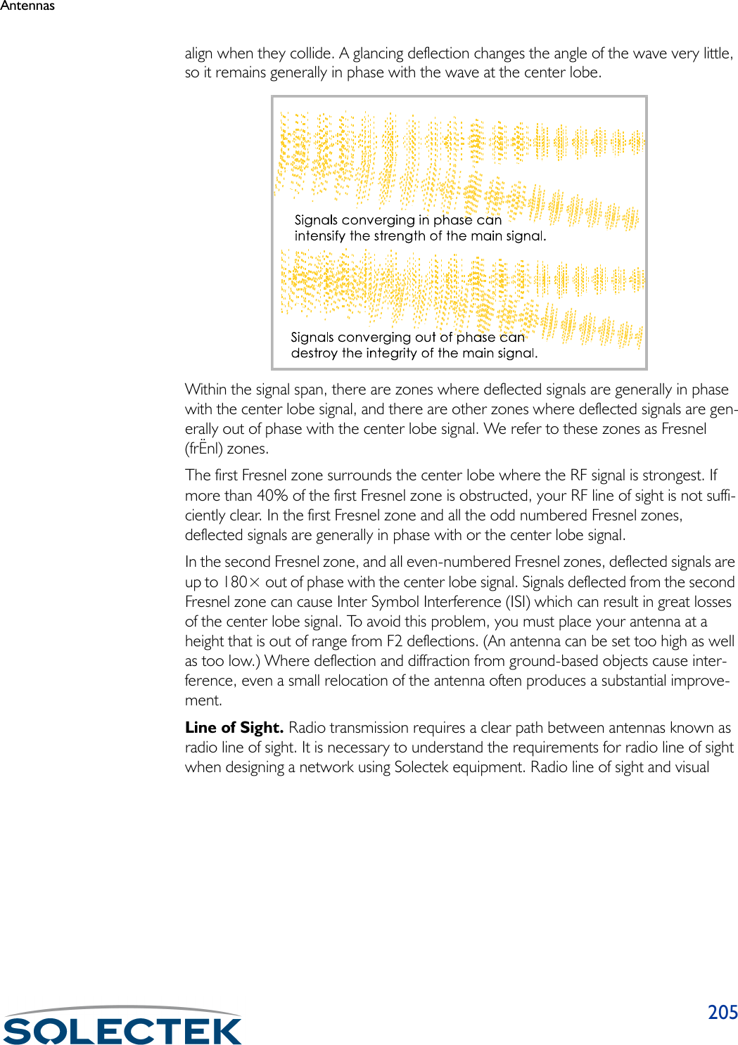 Antennas205align when they collide. A glancing deflection changes the angle of the wave very little, so it remains generally in phase with the wave at the center lobe. Within the signal span, there are zones where deflected signals are generally in phase with the center lobe signal, and there are other zones where deflected signals are gen-erally out of phase with the center lobe signal. We refer to these zones as Fresnel (frËnl) zones. The first Fresnel zone surrounds the center lobe where the RF signal is strongest. If more than 40% of the first Fresnel zone is obstructed, your RF line of sight is not suffi-ciently clear. In the first Fresnel zone and all the odd numbered Fresnel zones, deflected signals are generally in phase with or the center lobe signal. In the second Fresnel zone, and all even-numbered Fresnel zones, deflected signals are up to 180× out of phase with the center lobe signal. Signals deflected from the second Fresnel zone can cause Inter Symbol Interference (ISI) which can result in great losses of the center lobe signal. To avoid this problem, you must place your antenna at a height that is out of range from F2 deflections. (An antenna can be set too high as well as too low.) Where deflection and diffraction from ground-based objects cause inter-ference, even a small relocation of the antenna often produces a substantial improve-ment. Line of Sight. Radio transmission requires a clear path between antennas known as radio line of sight. It is necessary to understand the requirements for radio line of sight when designing a network using Solectek equipment. Radio line of sight and visual 